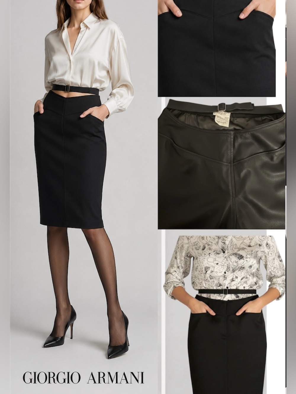 Vintage Giorgio Armani Black Pencil Mid Skirt Floating Belt Avant-garde Italy
